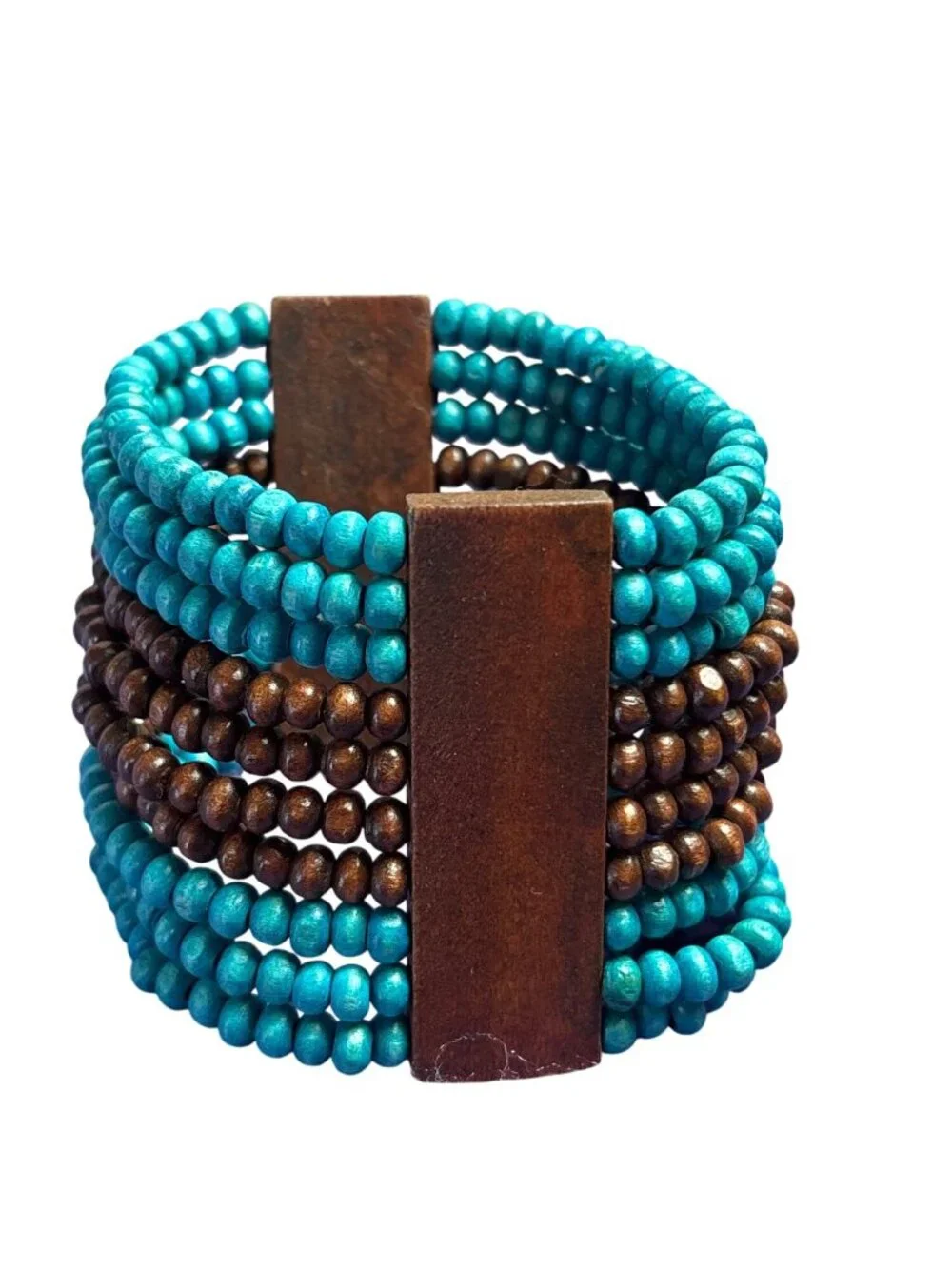 Brown and Teal Wooden Beaded Stretchy Bracelet Boho